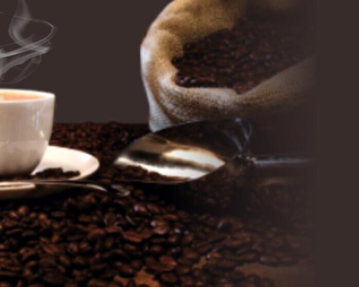 Xícara de café e grãos